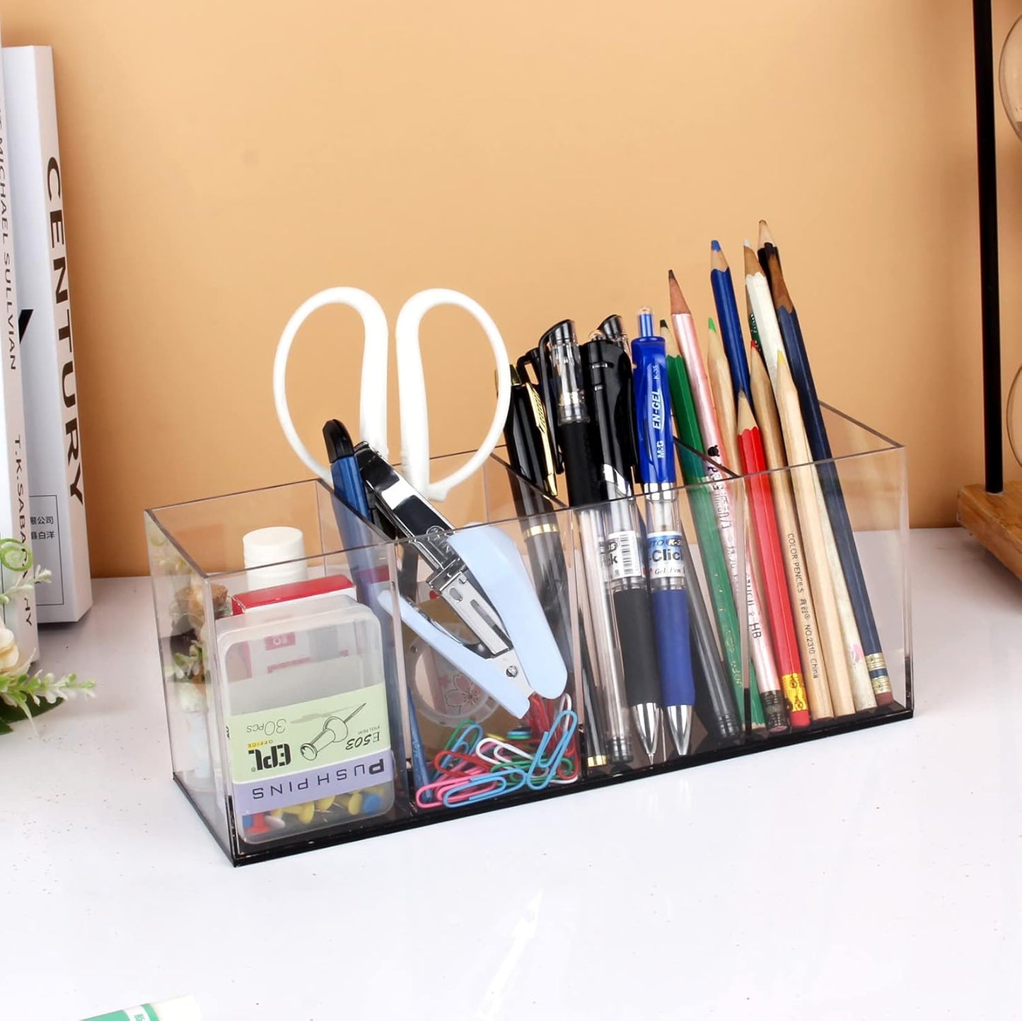 Acrylic Clear Pen Holder 4 Slot Pencil Organizer Countertop,Pencil Stationery Organizer for Office Accessory Storage (Black based)