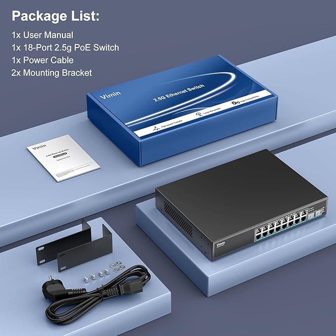16 Port 2.5G PoE Switch Unmanaged with 2X 10Gbps SFP, VIMIN 16x 2.5G Base-T PoE Ports, 10G SFP PoE Switch w/ 120Gbps Ethernet Switching Capacity, IEEE802.3af/at, 250W, VLAN, Metal Housing, Fanless
