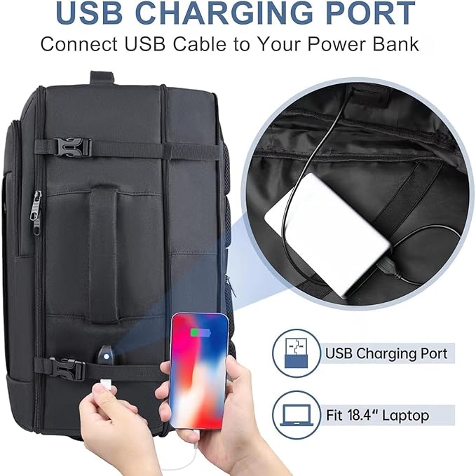 55L Carry On Backpack, Extra Large Travel Backpack for Men & Women, Expandable 60L Big Capacity Bag For Airplanes, Travel Gifts for Men Women, Fits 18.4 Inch Laptop, Luggage Suitcase Daypack, Black