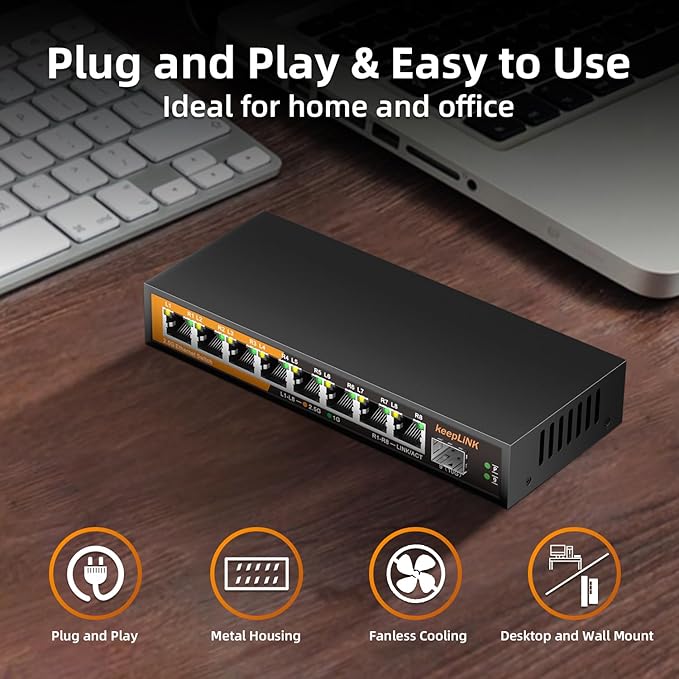8 Port 2.5G Switch Unmanaged, Ethernet Switch with 8 x 2.5G Base-T Ports, 1 x 10G Base-T SFP Slot, 60Gbps Switching Capacity, Plug & Play, Fanless Metal, Wall Mountable