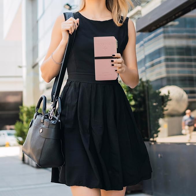 DOB SECHS Leather Passport Wallet for Women, RFID Blocking Passport Holder with Zipper for Travel, Credit Card Cover Case, Travel Document Organizer Pouch Bag +ID Window+Cash Pocket+SIM Slot, Pink