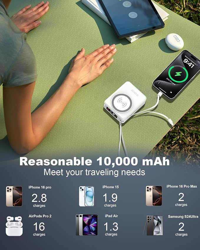 for Magsafe Portable Charger Power Bank 10000mAh, 22.5W Battery Pack Fast Charging Wall Plug Power Bank for iPhone Andriod Sumsung Travel Charger with Built in USB C & Lightning Cables