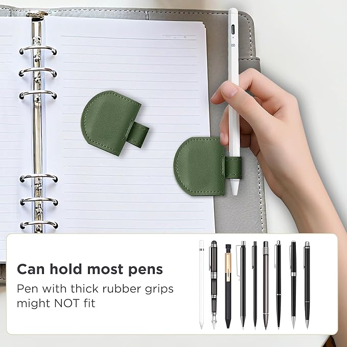 Magnetic Pen Loop Holder, Pencil Holder for Notebooks, Journals, Calendars, PU Leather 3 Pack, Green