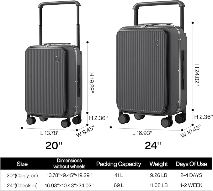 mixi Luggage Suitcases with Spinner Wheels 24'' Travel Luggage with Front Laptop Pocket, Wide Handle PC Hardshell Suitcase with TSA Lock, Checked Luggage(Rock Grey)