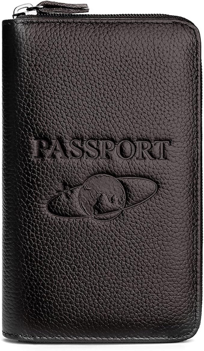 Genuine Leather Travel Passport Wallet RFID Blocking Zip-Around Passport Holder (Coffee)