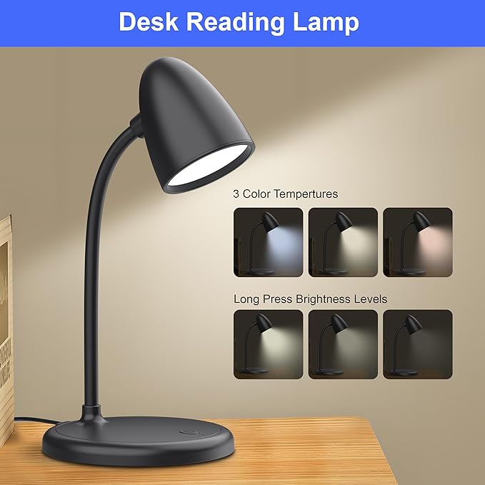LED Desk Lamp for Home Office,3 Light Colors,Flexible Gooseneck Table Lamp,Dimmable Reading Light for Bedside Small Desk Lamp for College Dorm Room,Bedroom Desk Light,Black