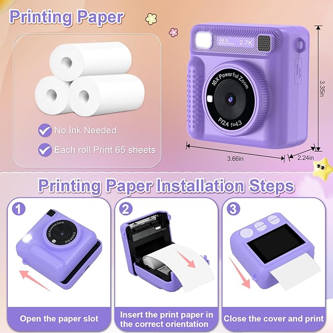 Kids Instant Print Camera - Christmas Birthday Gifts for Girls Boys, Instant Cameras That Print Photos for 4 5 6 7 8 9 10 Year Old Girl Birthday Gift with 32GB SD Card