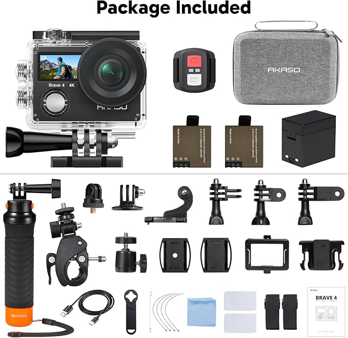 AKASO Brave 4 Action Camera with Waterproof Floating Hand Grip and Carry Bag Bundle - 4K30 20MP Ultra Hd EIS 131ft Underwater Camera 5xZoom Dual Screen with Helmet and Bicycle Accessories Kit