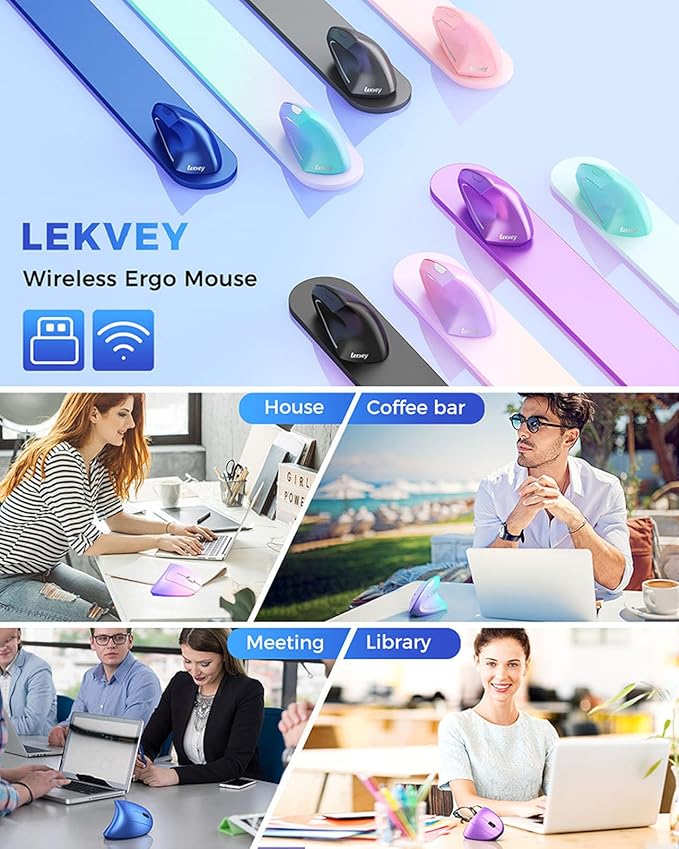 Lekvey Ergonomic Mouse, Vertical Wireless Mouse Rechargeable 2.4G USB Optical Carpal Tunnel Mice : 3 DPI 800/1200/1600 Levels 6 Buttons, for Laptop, PC, Computer, Desktop, Notebook etc, Blue