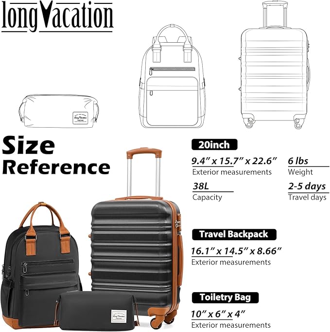 LONG VACATION Carry On Luggage Sets 3 Piece 20 Inch Suitcase Set, ABS+PC Hardshell Lightweight Travel Luggage with Spinner Wheels & YKK Zipper TSA Lock (20 INCH (BP/TB), BLACK-BROWN)