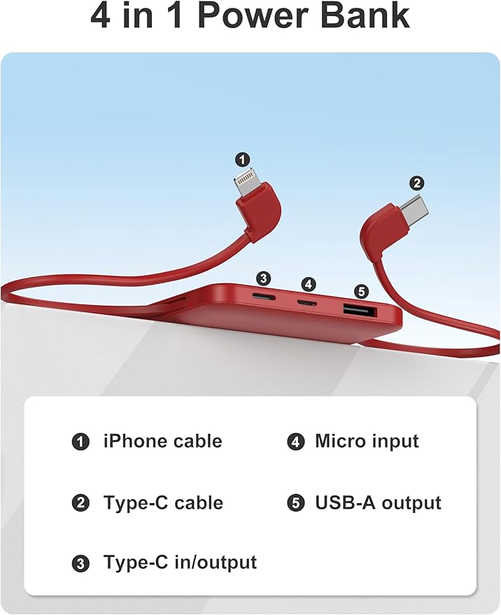 miisso 10000mah Slim Portable Charger with Built in Cable, Power Bank Travel Phone Charger External Battery Pack for Phones, 4 Output USB C Cords Clutch Charger Compatible with iPhone, Samsung, Red