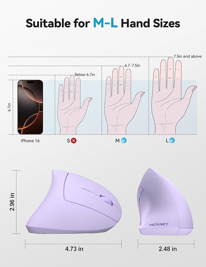TECKNET Ergonomic Mouse, Rechargeable 2.4G+Bluetooth Vertical Mice 6 DPI Adjustable, Wireless Optical Carpal Tunnel Mouse for Right Hand, Silent 6 Buttons for Laptop, PC, MacBook, iPad - Light Purple