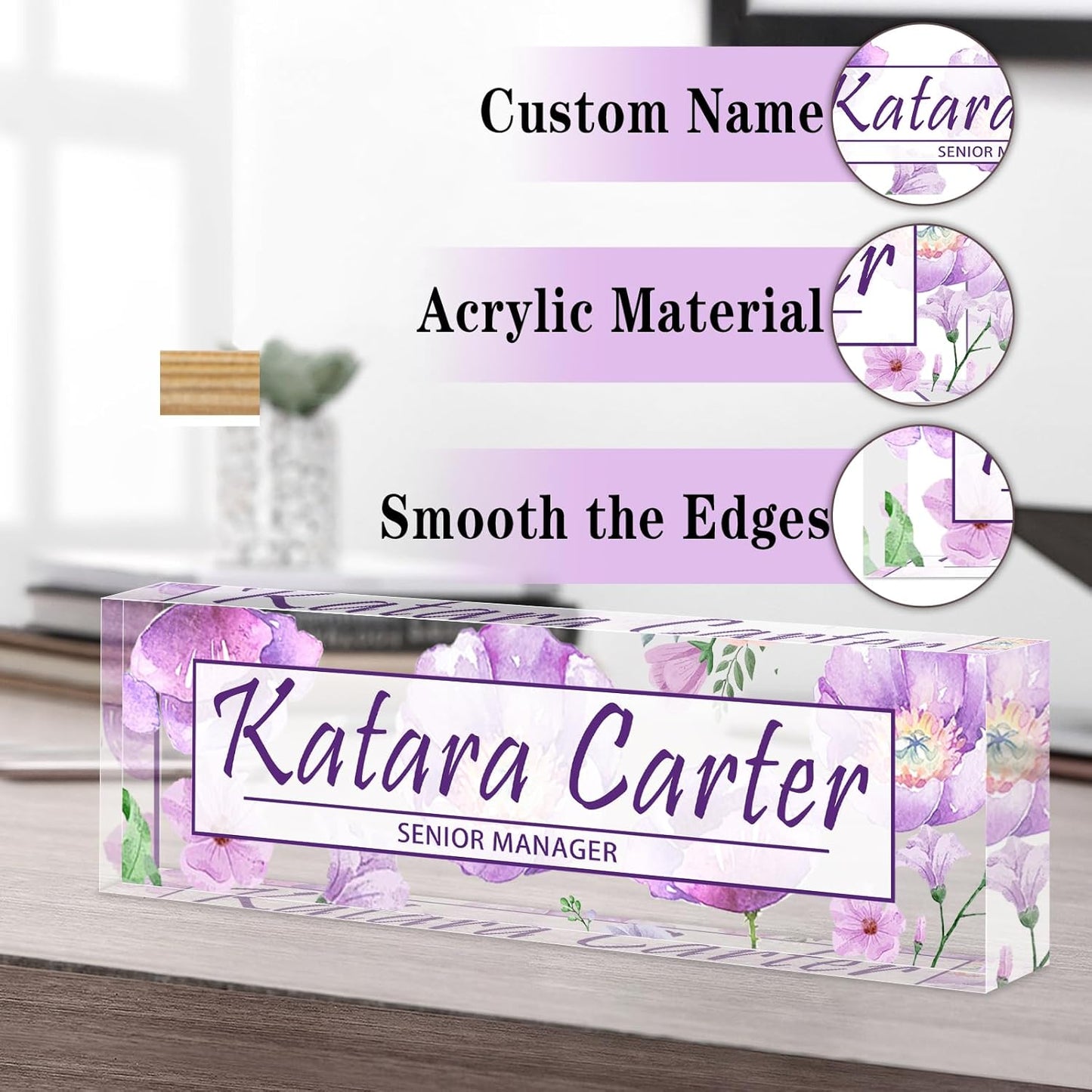 Name Plate for Desk Personalized, Acrylic Desk Decorations, Employee Appreciation Gifts, Custom Office Gifts for Coworkers, Boss, Teacher, Nurse (Purple Floating Flowers)