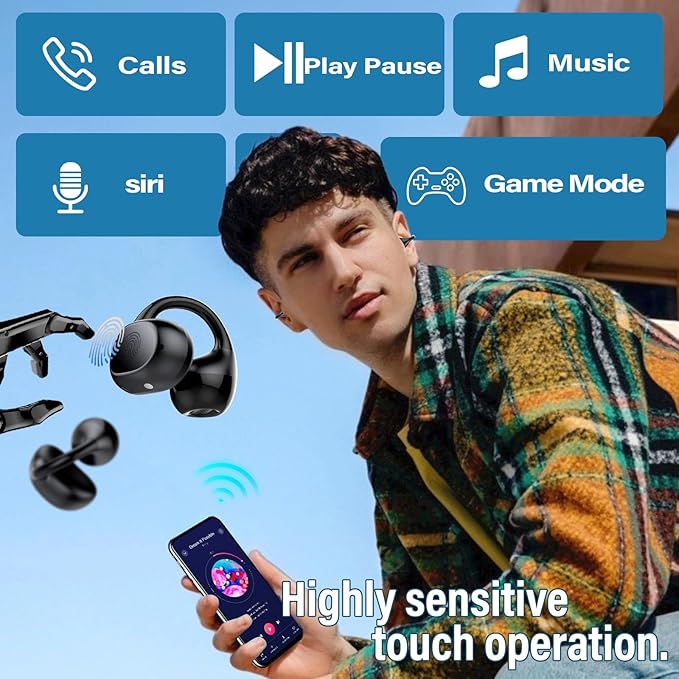 Open Ear Earbuds,Wireless Earbuds Bluetooth 5.4 Ergonomic Clip-On Ear buds, Bone Conduction Over The Ear Headphones 48H Playtime, Perfect Running Headphones for Sports IPX7 Waterproof Touch Controls