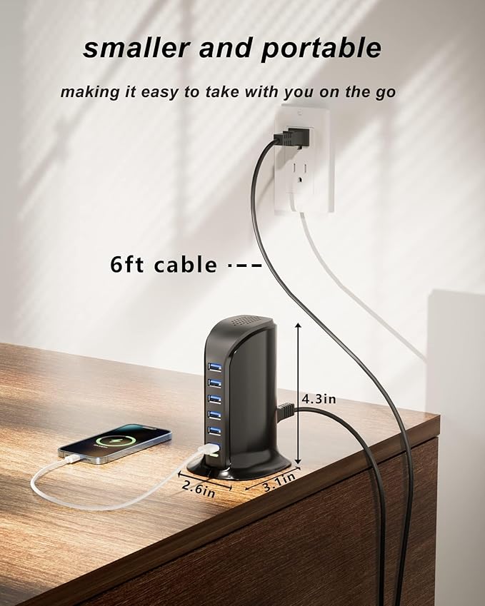 VPSUN USB Charger 6 Port 25W Multi USB Tower Charging Station for Multiple Devices iPhone 15/14/14 Pro/14 Pro Max/13 Pro/13 Pro Max/Android/Samsung/Tablet,etc (Black, 25W)