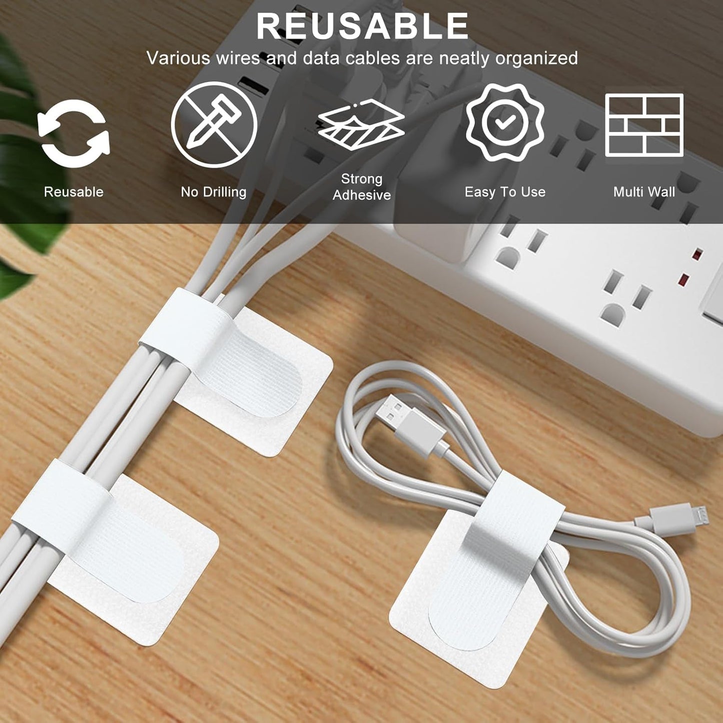 50-Pack Reusable Self-Adhesive Cable Ties Cable Management Adjustable Hook & Loop Straps for Organizing Data Cables, Wires, Headphones Under-Table Cord Management for Home, Office