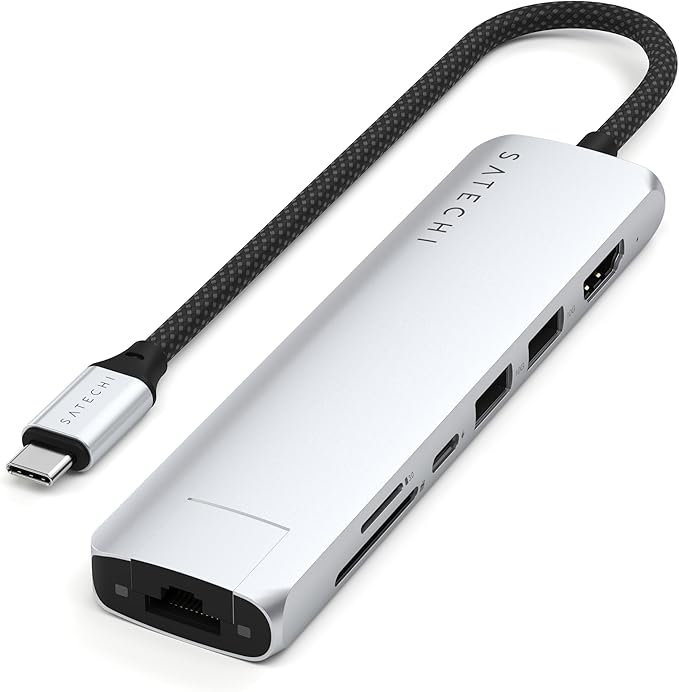 Satechi 7 in 1 USB C Hub Multiport Adapter with Ethernet, HDMI 4K@60Hz, 100W PD Charging, 2X USB-A Data Ports, Micro/SD Card Readers for MacBook Air/Pro M4, iPad, Windows - Silver
