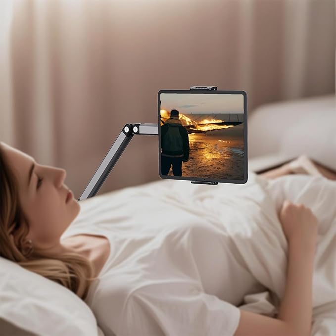 Tablet Stand for iPad Floor Phone Stand for Bed, Meeting, Vlogging, Compatible with Kindle, Galaxy Tab, Adjustable Height, Tablet Holder with Ultra-Long Extension Arm, 360° Swivel
