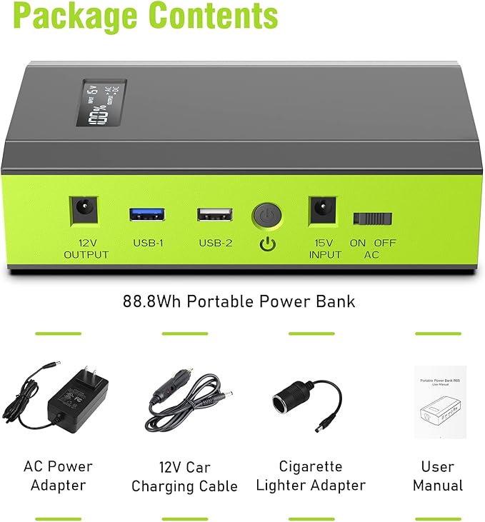ZeroKor Portable Power Bank with AC Outlet, 65W 110V External Battery Pack 24000mAh Portable Laptop Charger Portable Power Source Backup for Outdoor Tent Camping Home Office Smart Devices -Green