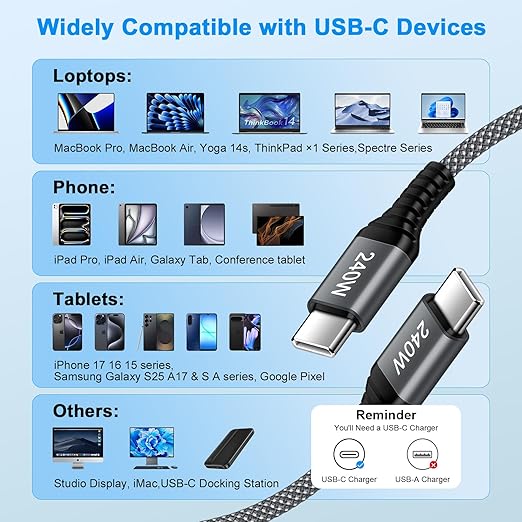 USB C to USB C Cable for iPhone 17 Air 16 Pro Max, 240W Fast Charging Type C iPhone 17 Charger Cord USBC Phone Charger Cable 6FT 2 Pack for iPhone 17 Pro Max 17 Pro 16 16e 15 Laptops MacBook iPad