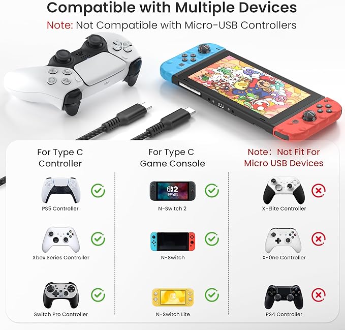 Elebase PS5 Slim Pro Controller Charger Cord 3.3/6.6/10ft 3Pack,PlayStation 5 DualSense Controller,USB C Fast Charging Cable for X Box Series X/S Switch 2,Elite Series 2