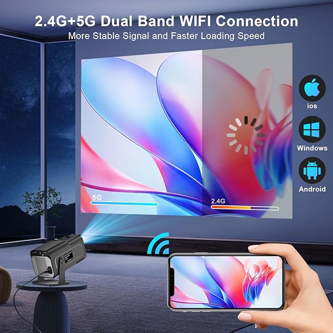 Smart 4K 1080P Projector With Built-in Apps, Wifi Bluetooth, Auto Keystone, Short Throw and 270 Adjustable - Mini Portable Outdoor Movie HY320 HY300 (Black)