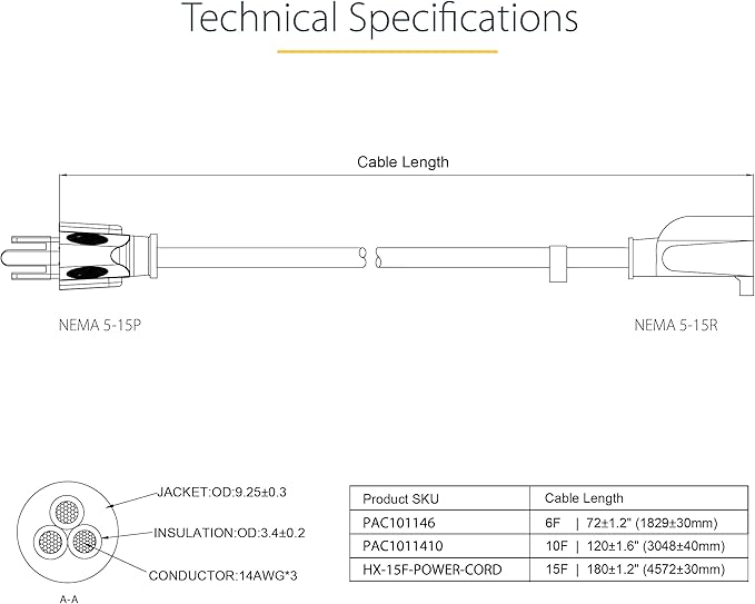 StarTech.com 15ft (4.5m) Heavy Duty Extension Cord, NEMA 5-15P to NEMA 5-15R Extension Cord, 15A 125V, 14AWG, Heavy Gauge Extension Power Cable, Heavy Duty AC Power Cord, Black (HX-15F-POWER-CORD)