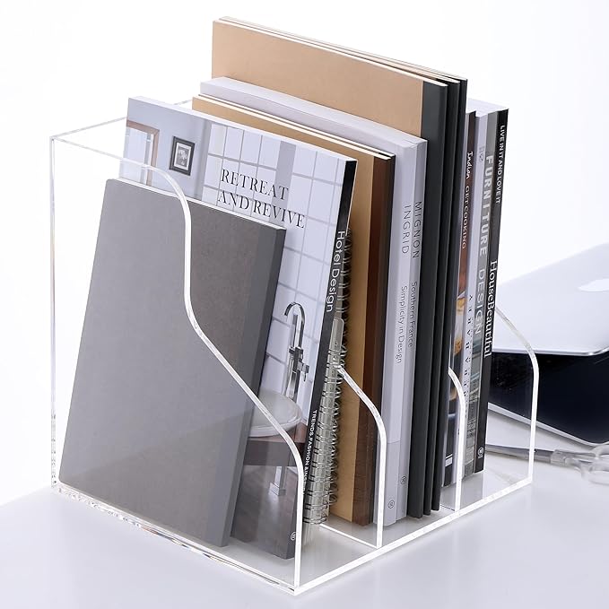 Desk File Organizer, Acrylic Magazine File Holder with 3 Vertical Compartments Rack File Sorter for Office Home Classroom Desk Organization, Clear…