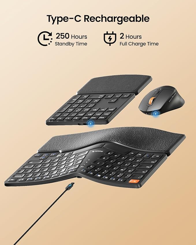 ProtoArc Ergonomic Keyboard Mouse, EKM04 2.4GHz Wireless Ergo Keyboard Mouse Combo with Separate Numeric Keypad, Split Design, Hard Wrist Rest, Rechargeable, for Windows Desktop/PC/Laptop