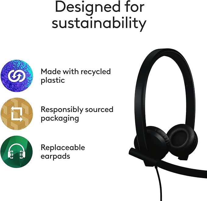 Logitech H570e USB Headset with Microphone for PC and Mac, USB-A Wired Headset with Stereo Sound, Noise-Canceling Mics and Inline Controls, Certified for Microsoft Teams, Black