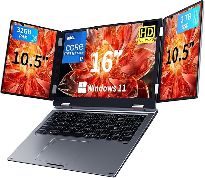 Triple Screen Laptop,16” Main + Dual 10.5” Monitors, Core i7-12700H, 32GB RAM,2TB SSD, Windows 11 Pro,Wi-Fi 6,BT 5.2,Face & Fingerprint Unlock,USB-C,HDMI for Business/Design/Stock Trading
