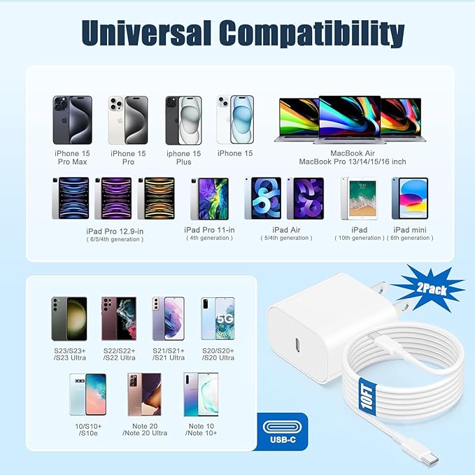 iPhone 16/15 Charger Fast Charging, 2Pack 10FT Long USB C to C Apple Fast Charging Cable Cord with 20W PD USB C Fast Charger Block for iPhone 16/15/15 Pro/15 Pro Max/15 Plus,iPad 12.9/11/10.9/Air 5/4