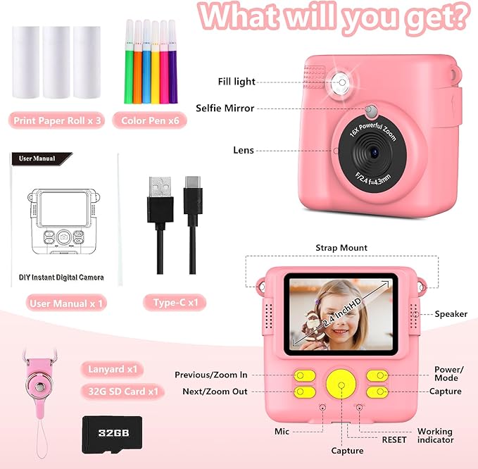 Instant Print Camera for Kids,Christmas Birthday Gifts for Age 3-12 Girls Boys,1080P HD Digital Video Cameras for Toddler,Kids Portable Toy with 3 Rolls Photo Paper,32GB Card-Pink
