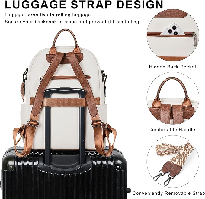 Backpack Purse for Women Laptop Backpack, Leather Travel Backpack Shoulder Bag Teacher College Daypack Work Handbag fits 14" Laptop-Beige