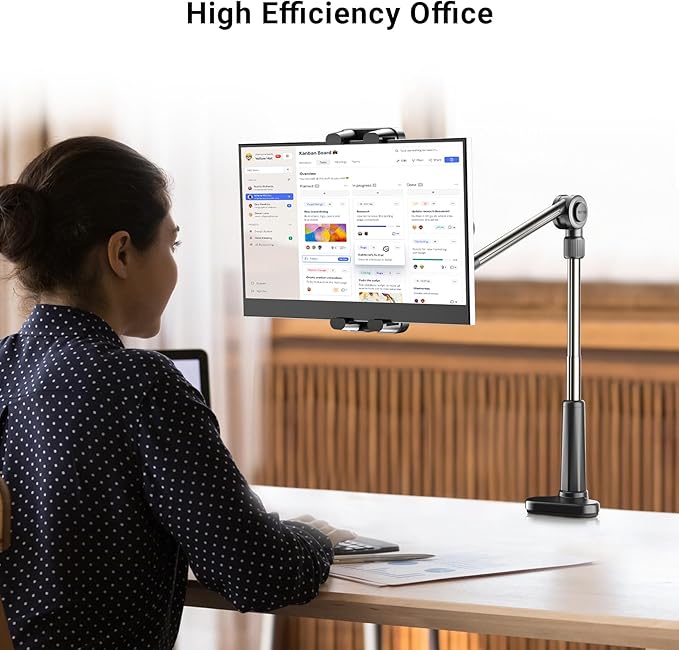 Foldable Desk Tablet Mount for iPad Portable Monitor 4.7-15.6'', Long Gooseneck Tablet Arm Holder, Table Tripod with Clamp Compatible with Surface Pro, All iPad Pro 12.9