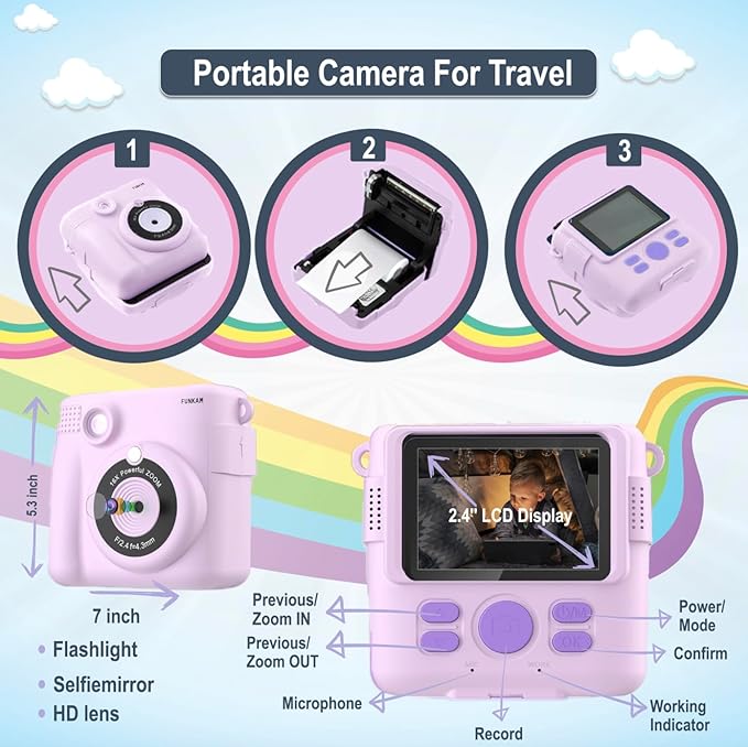 Instant Print Camera for Kids - 2.4" HD 1080P - with 32GB SD Card, 5 Markers, Stickers, 5 Paper Rolls, Lanyard. Camera Boys and Girls from 3 to 14 Years Old. (Purple)