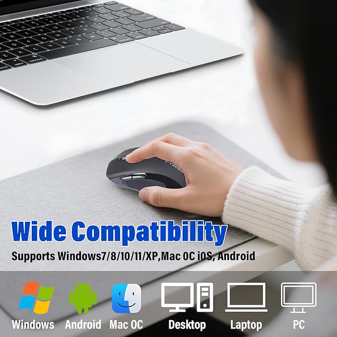 Wireless Bluetooth Multi-Purpose Mouse,DPI 4000,Portable Lightweight 2 OZ,Dual-mode 2.4GHz/BT3/BT5,Smart Power-Saving Mode For Laptop/Macbook/Computer,Ideal For Travel/Home/Office/Casual Gaming