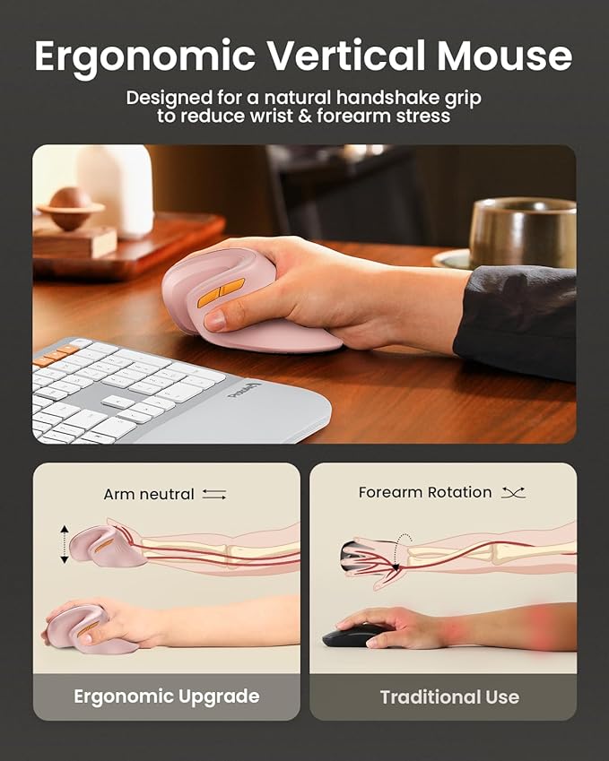 ProtoArc Ergonomic Vertical Mouse, EM11 NL Rechargeable Wireless Mouse Bluetooth, Ergo Mice with 3 Multi-Device for PC/Notebook/Laptop, 2.4GHz Optical Mice for Windows, Mac OS, Pink