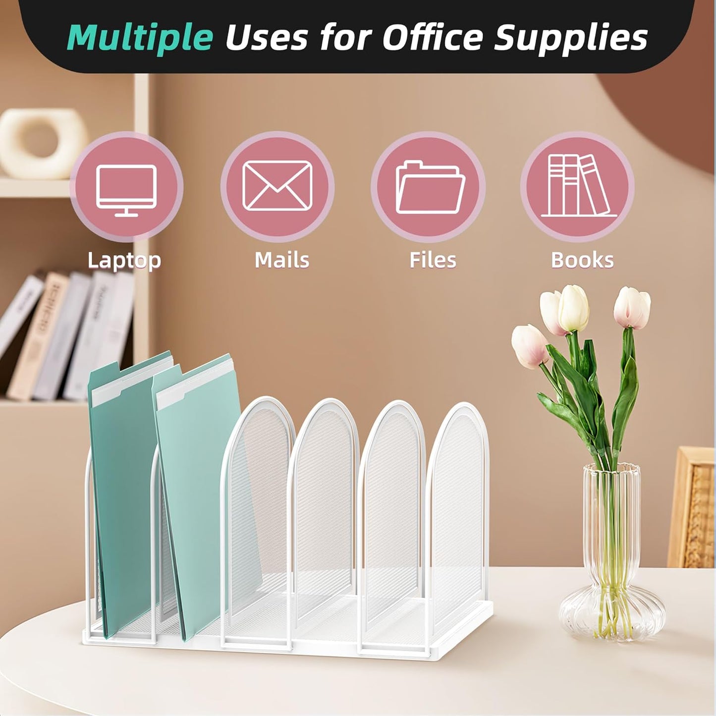 SUPEASY File Organizer 5-Section Mesh Desk Organizer, Upright File Organizer Desktop Organizer File Sorter, File Folder Holder for Office Supplies, White