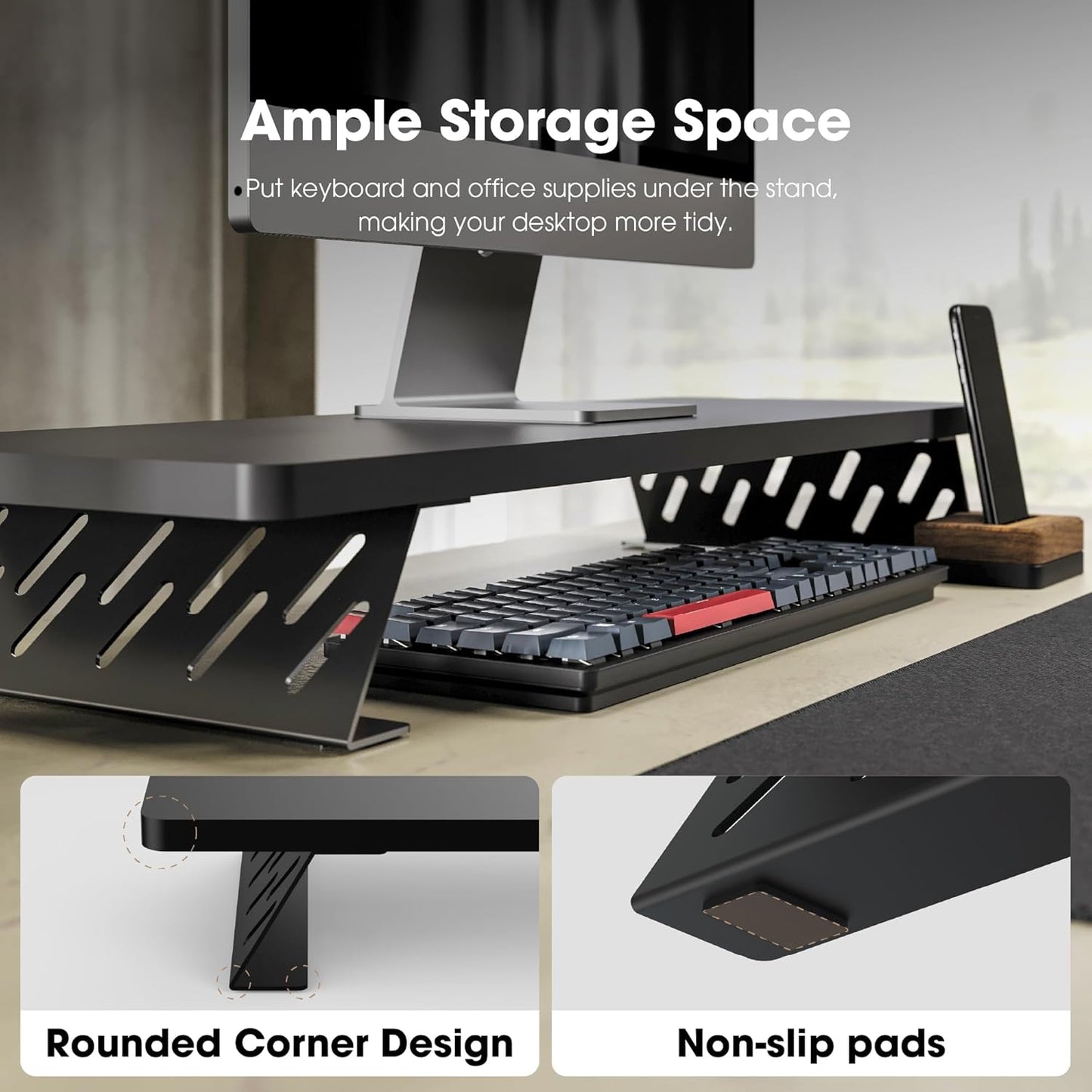 Fenge Monitor Stand Riser, Desk Top Shelf for 2 Monitors, Computer Stands for Desk, Wood & Steel Desktop Riser for Laptop, PC, Printer