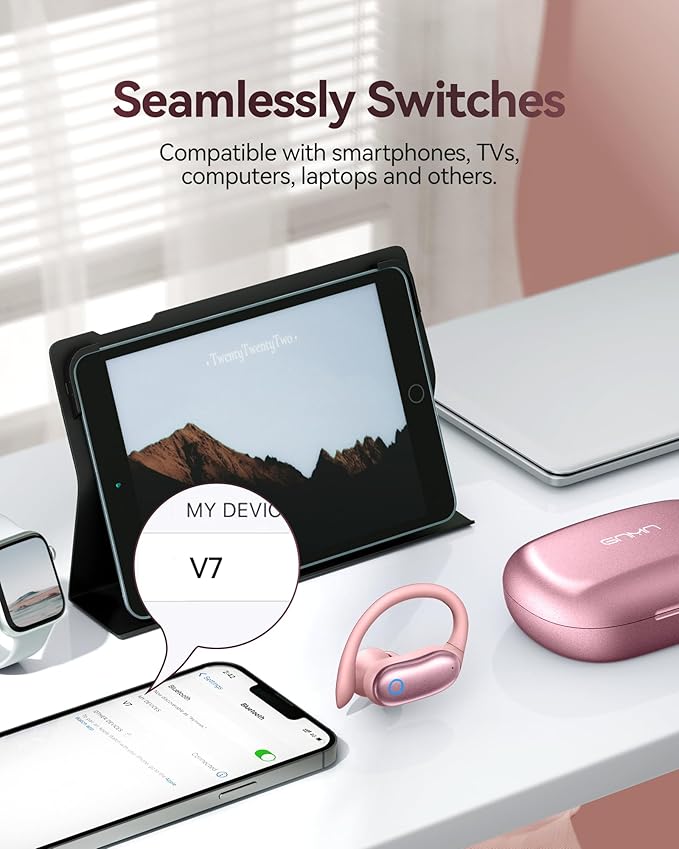 GNMN Active Noise Canceling Ear Buds Wireless Earbuds 96hrs Playback Bluetooth Headphones IPX7 Waterproof Stereo Bass Over-Ear Earphones with Earhooks Microphone LED Battery Display for Sports/Workout