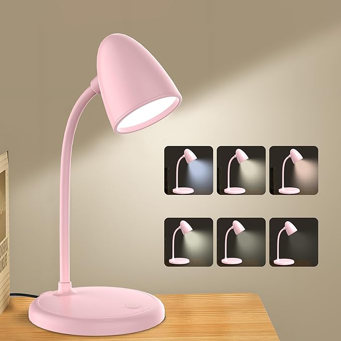 LED Desk Lamp for Home Office,3 Light Colors,Flexible Gooseneck Table Lamp,Dimmable Reading Light for Bedside Small Desk Lamp for College Dorm Room,Bedroom Desk Light Pink
