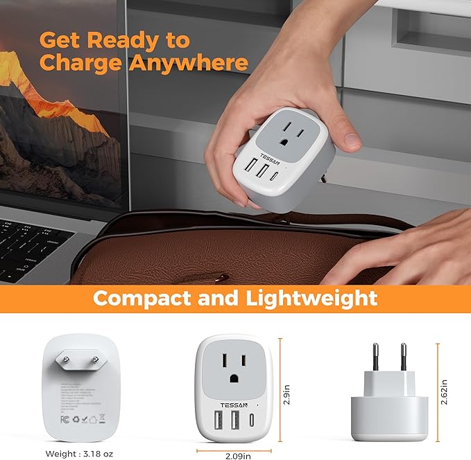 TESSAN European Travel Plug Adapter, Europe Power Outlet with 3 USB Ports (1 USB C Port), Type C Plug Adaptor for US to EU Italy Spain France Greece Portugal Iceland, International Travel Essentials