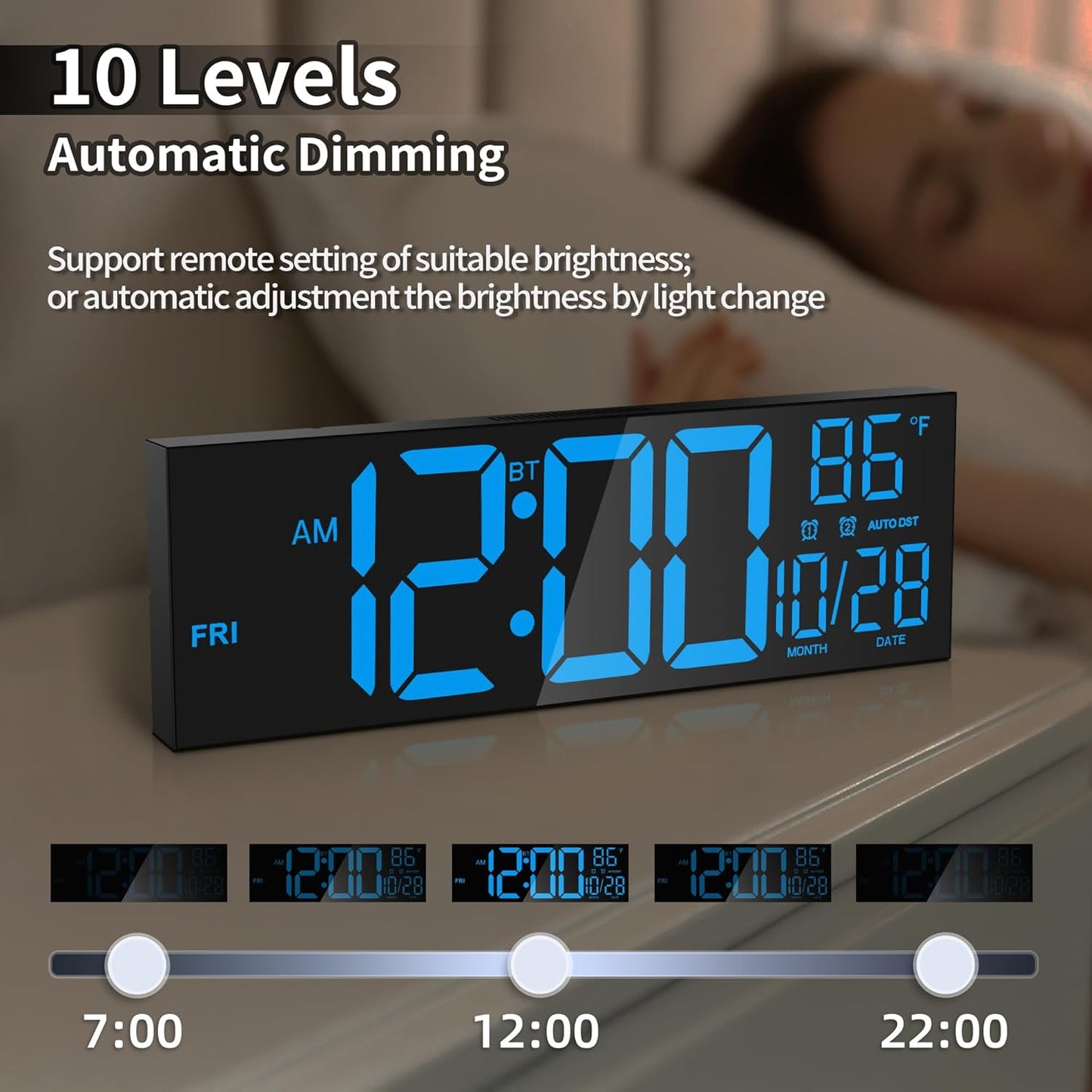 16.5" Large LED Wall Clock with Bluetooth Sync, Night Light, DST, 2 Alarms, RGB Color, Temperature, Remote Control, 12/24H, Timer for Living Room, Bedroom, Desk, Gift for Mother Father Elderly