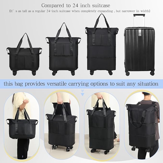 VOOWO Duffel Bag with Wheels - Rolling Foldable Expandable Duffle Bag with Wheels for Travel, Rolling Luggage Bag Carry On Travel Bag with Wheels, Large Wheeled Overnight Weekender Bag (Black)