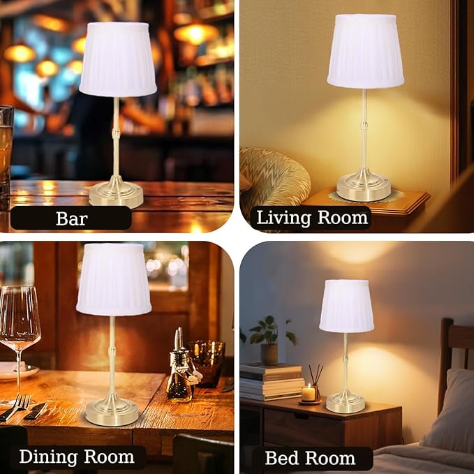 Cordless Lamp, Rechargeable Battery-Operated Lamp with Fabric Lampshades, 2 Pack Dimmable Desk Lamps for Kitchen, Bedroom, Living Room, Nightstand, Balcony, Home Décor (Gold-Pleated)