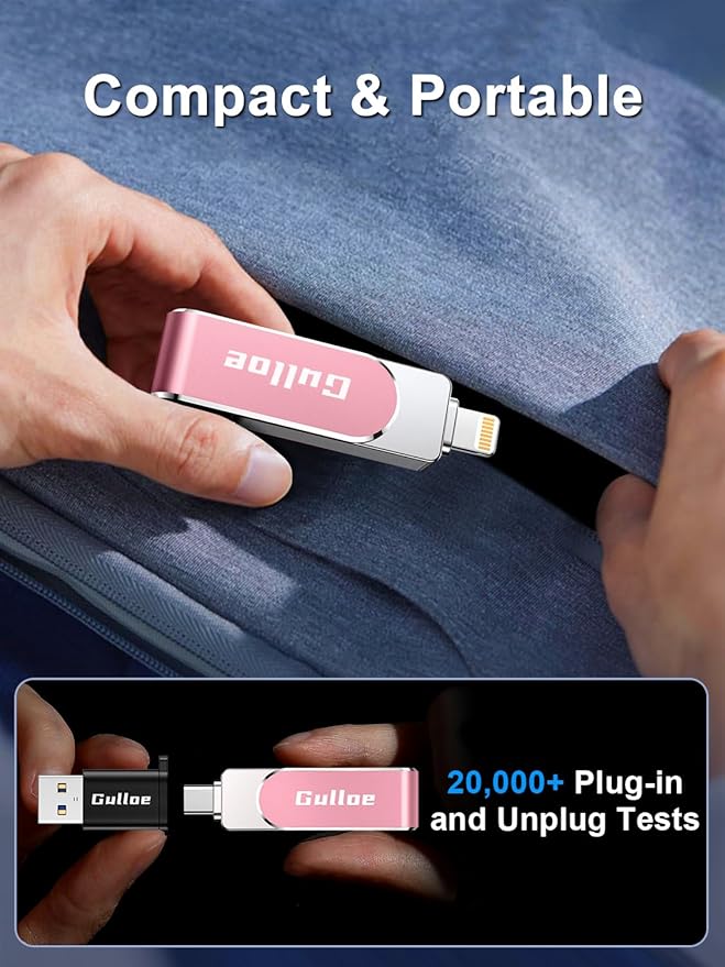 Gulloe 256GB Flash Drive Intended for iPhone, Memory Stick Storage for Photos and Videos Backup, Compatible with iPhone iPad Android PC, Plug and Play, No Application Required (Pink)