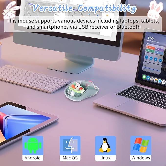 elec Space Cute Wireless USB C Mouse - Bluetooth Triple Mode Rechargeable Cartoon Mouse for Laptops, iPads & MacBook Air/Pro - Silent Operation, Portable Design, Unique Magnetic Character (Green)