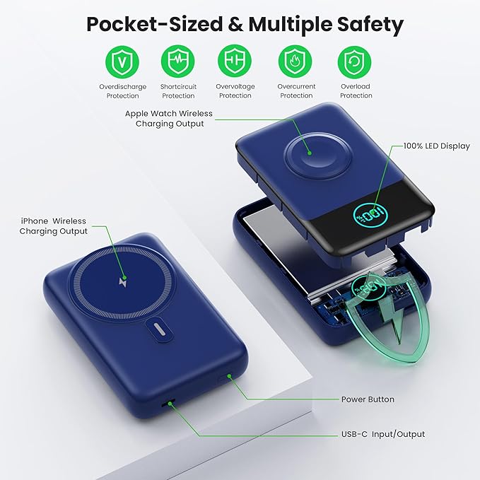 Magnetic Portable Charger for iPhone, 3-in-1 10800mAh Qi2 15W Wireless Power Bank with iWatch Charger,30W PD Fast Charging USB-C LCD Display Battery Pack for Magsafe,iPhone 16/15/14/13/12, Apple Watch