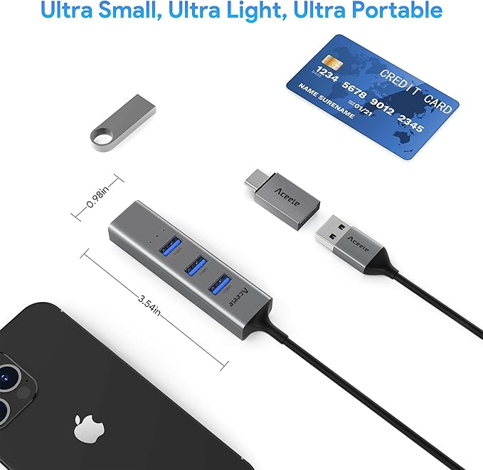 Aceele USB C to Ethernet Adapter, 3.3ft Long Cable, Aluminum USB-C Hub with 4 USB 3.0 Ports, Thunderbolt 3/USB-C to RJ45 Gigabit Ethernet LAN Network Adapter Multiport for MacBook Pro/Air, iPad Pro